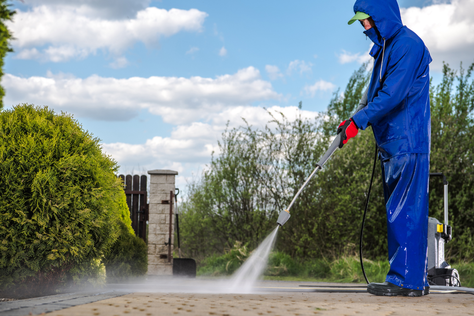 driveway man in waterproof gear pressure washing driveway in front of house