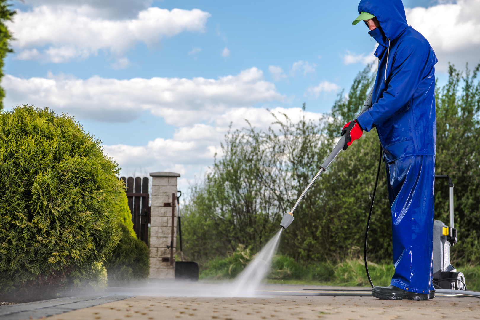 man in waterproof gear pressure washing driveway in front of house